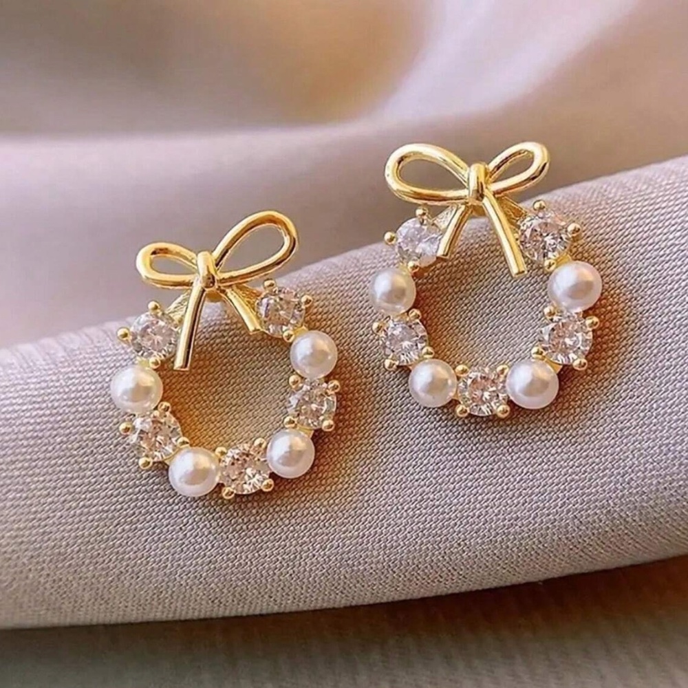 Luxe Gold Tone Cubic Zirconia Faux Pearl Wreath Earrings